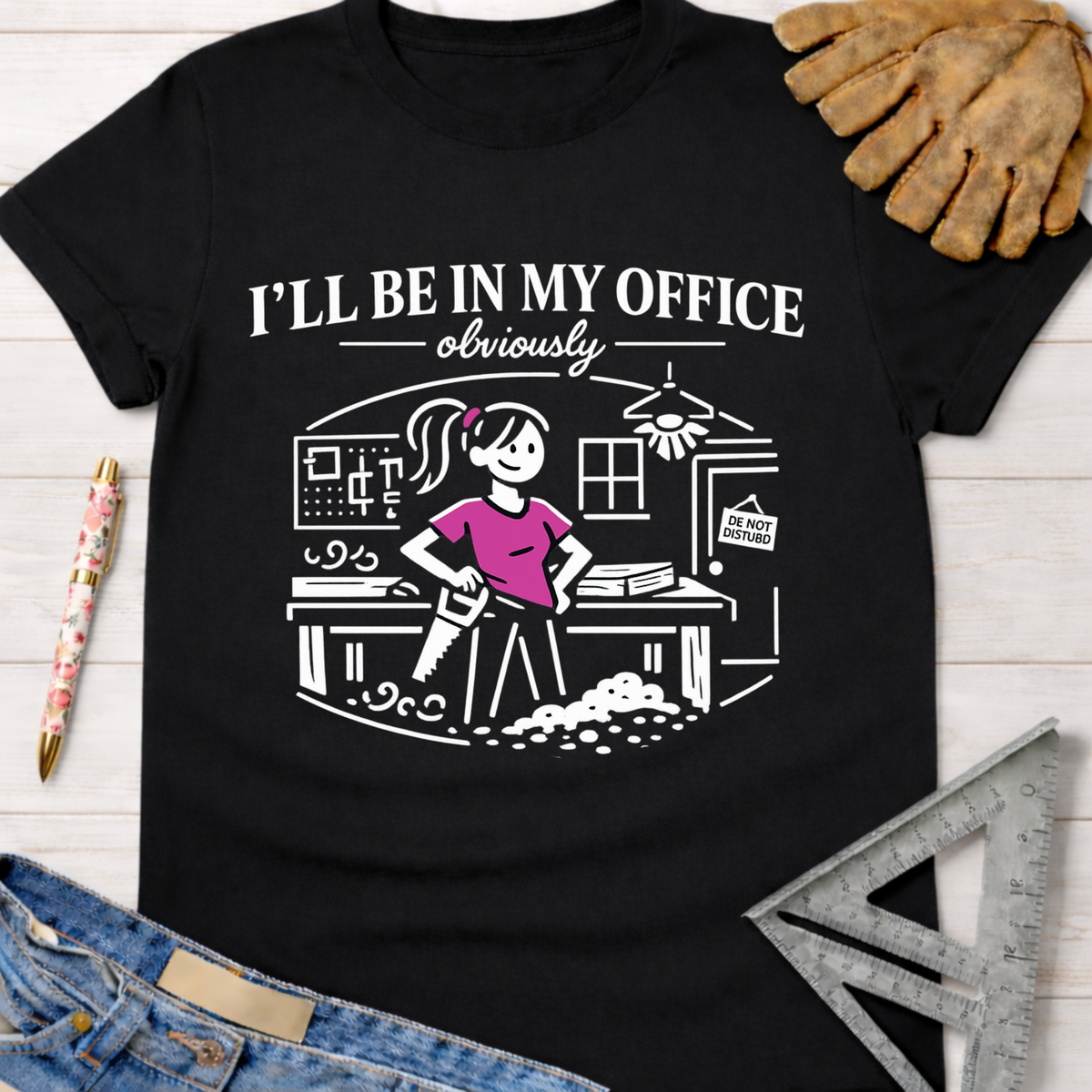 Women's funny woodworking graphic tee shirt for female woodworkers, makers, and DIY builders — Sawdust & Ponytails. Black cotton tee with "I'll Be In My Office" text and a cartoon woman sawing wood.