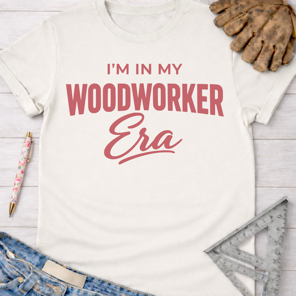 Women's funny woodworking graphic tee shirt for female woodworkers, makers, and DIY builders — Sawdust & Ponytails. Cream t-shirt with "I'm In My Woodworker Era" in red text.