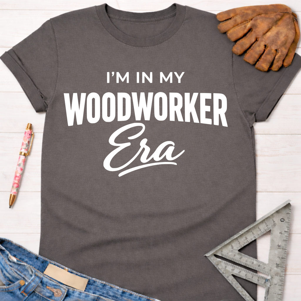 Women's funny woodworking graphic tee shirt for female woodworkers, makers, and DIY builders — Sawdust & Ponytails. Dark gray cotton tee with "I'm In My Woodworker Era" in white text.