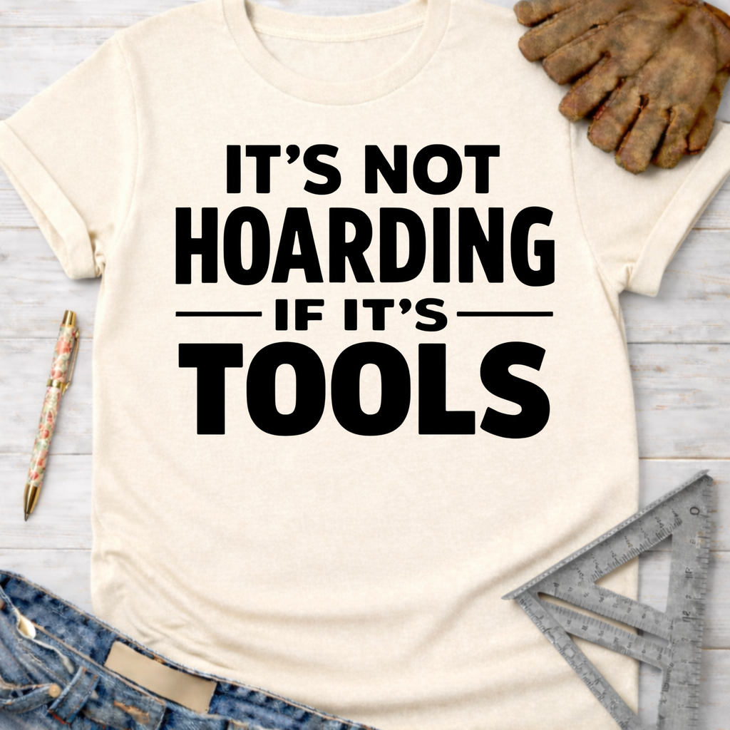 Women's funny woodworking graphic tee shirt for female woodworkers, makers, and DIY builders — Sawdust & Ponytails. Cream cotton t-shirt with "It's Not Hoarding If It's Tools" in black text.