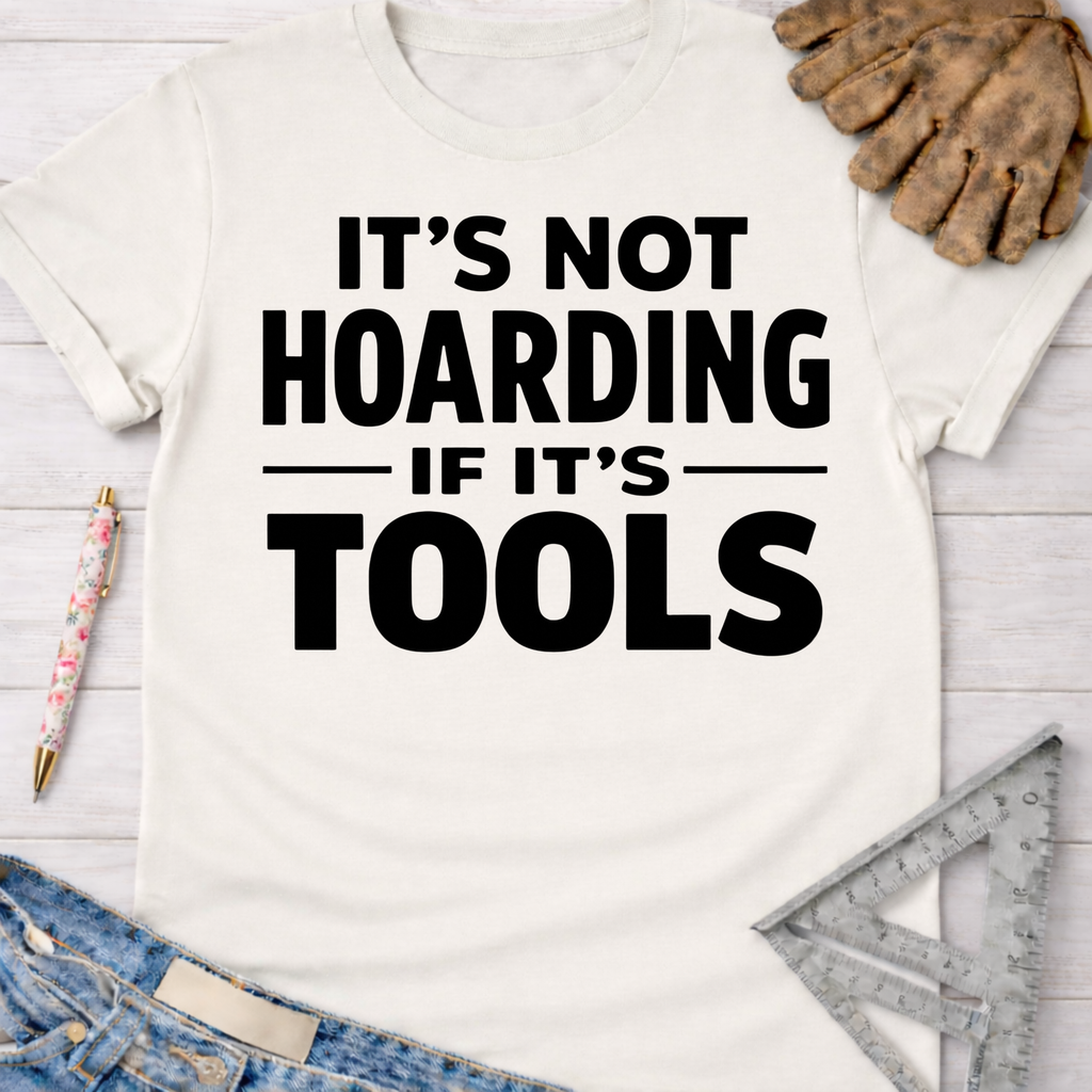 Women's funny woodworking graphic tee shirt for female woodworkers, makers, and DIY builders — Sawdust & Ponytails. White cotton tee with "IT'S NOT HOARDING IF IT'S TOOLS" in black text.