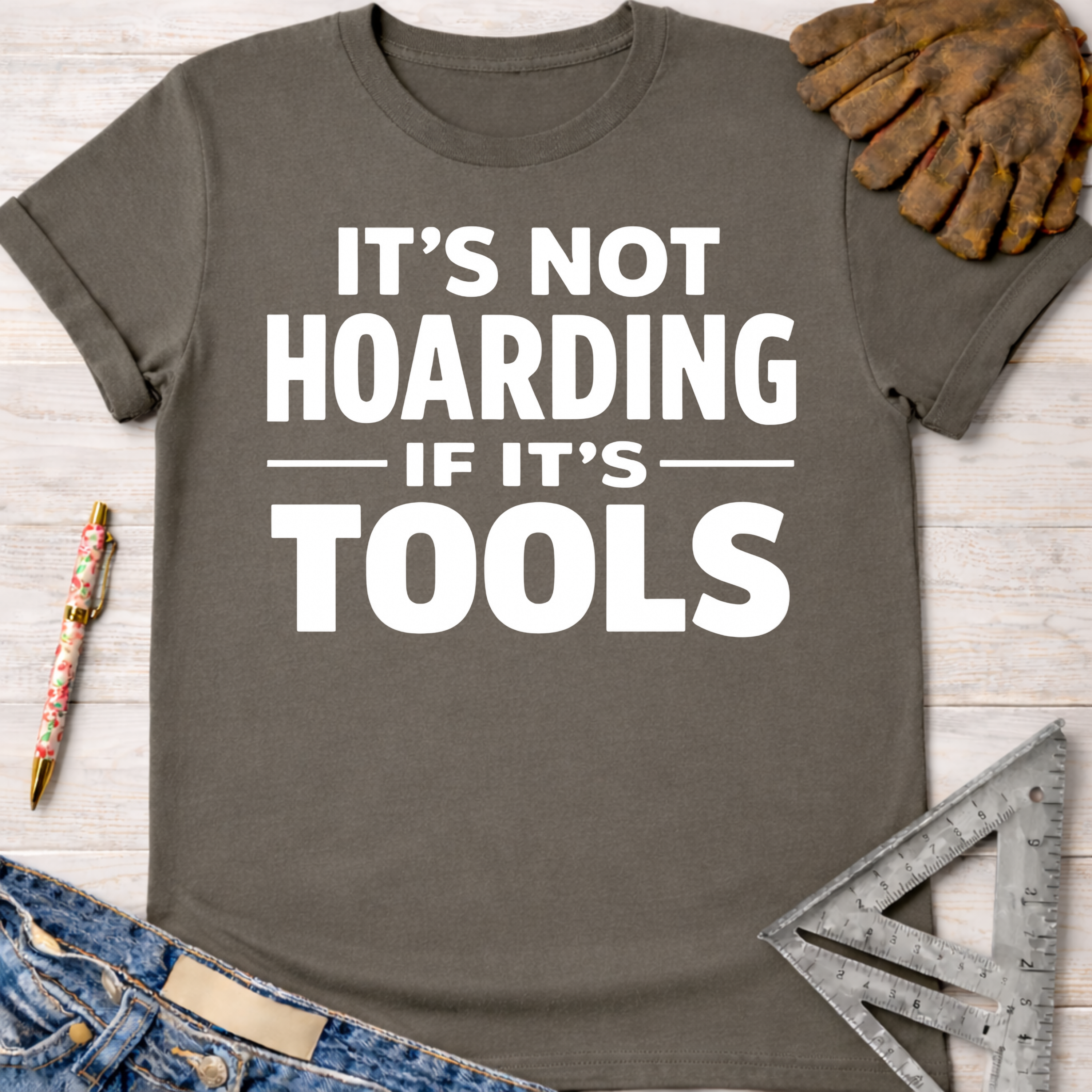 Women's funny woodworking graphic tee shirt for female woodworkers, makers, and DIY builders — Sawdust & Ponytails. Dark gray short-sleeve tee with "It's Not Hoarding If It's Tools" in white text.