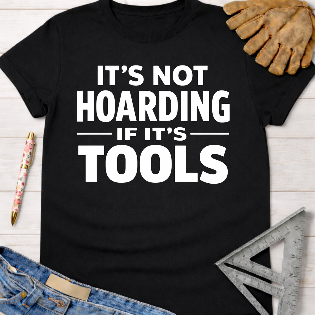 Women's funny woodworking graphic tee shirt for female woodworkers, makers, and DIY builders — Sawdust & Ponytails. Black cotton tee with "It's Not Hoarding If It's Tools" in white text.