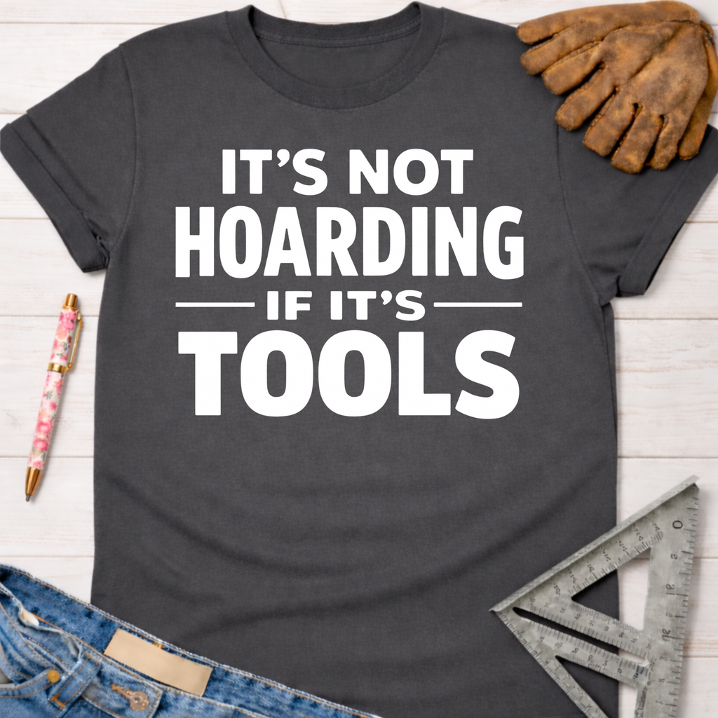 Women's funny woodworking graphic tee shirt for female woodworkers, makers, and DIY builders — Sawdust & Ponytails. Dark gray cotton tee with "IT'S NOT HOARDING IF IT'S TOOLS" in white text.