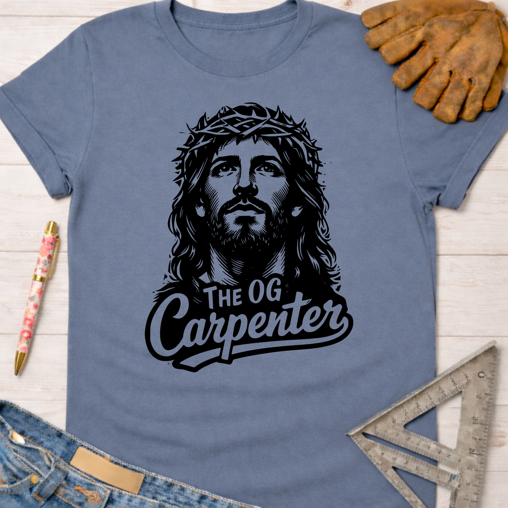 Women's funny woodworking graphic tee shirt for female woodworkers, makers, and DIY builders — Sawdust & Ponytails. Blue cotton tee with "Jesus The OG Carpenter" graphic.