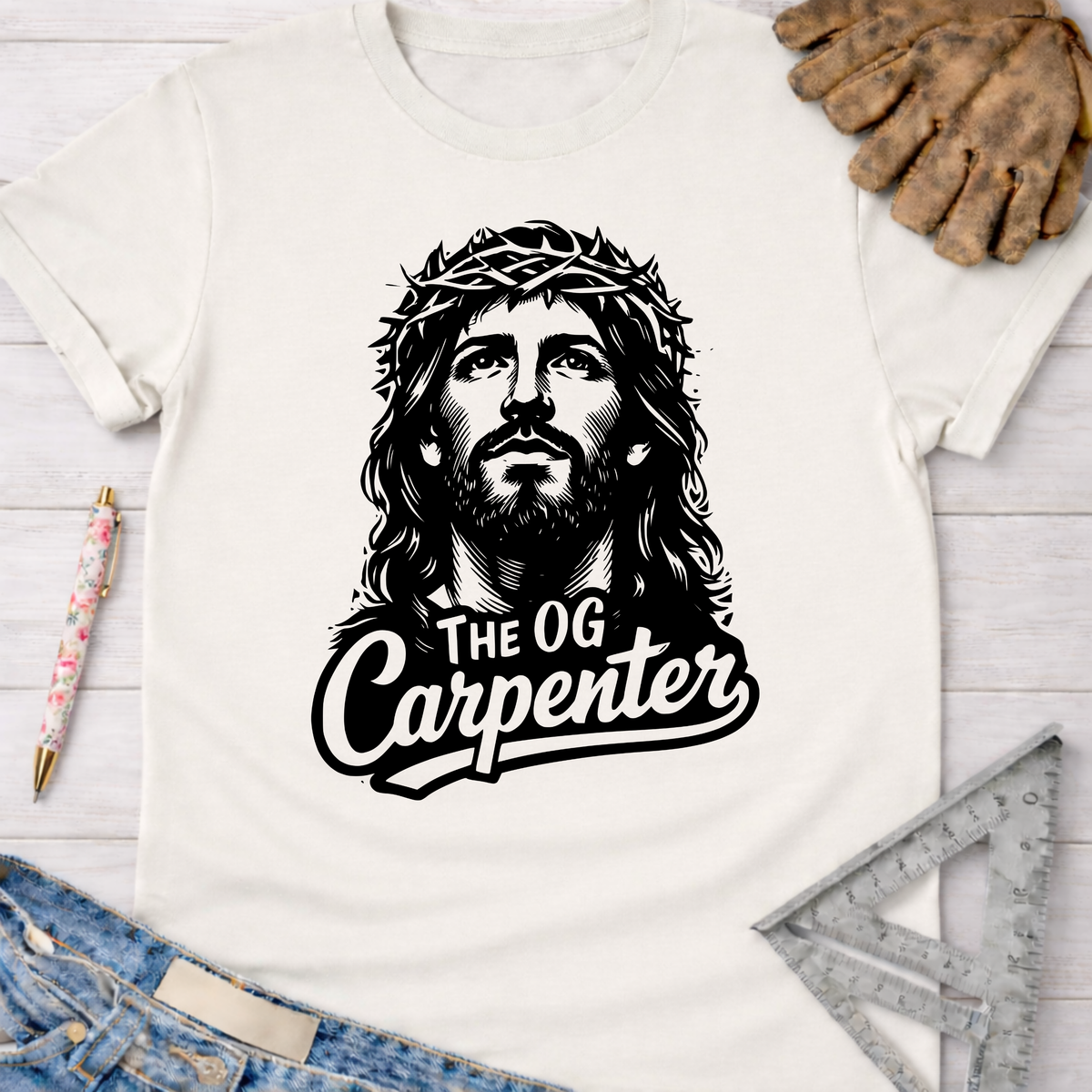 Women's funny woodworking graphic tee shirt for female woodworkers, makers, and DIY builders — Sawdust & Ponytails. Cream t-shirt with black Jesus "The OG Carpenter" graphic.