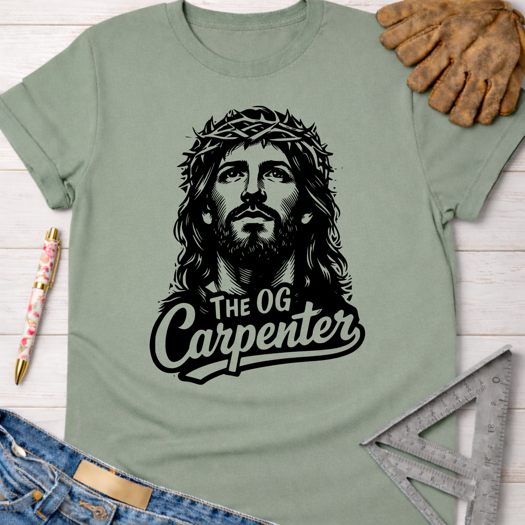 Women's funny woodworking graphic tee shirt for female woodworkers, makers, and DIY builders — Sawdust & Ponytails. Sage green short-sleeve t-shirt with a black graphic of Jesus wearing a crown of thorns and the text "THE OG Carpenter.