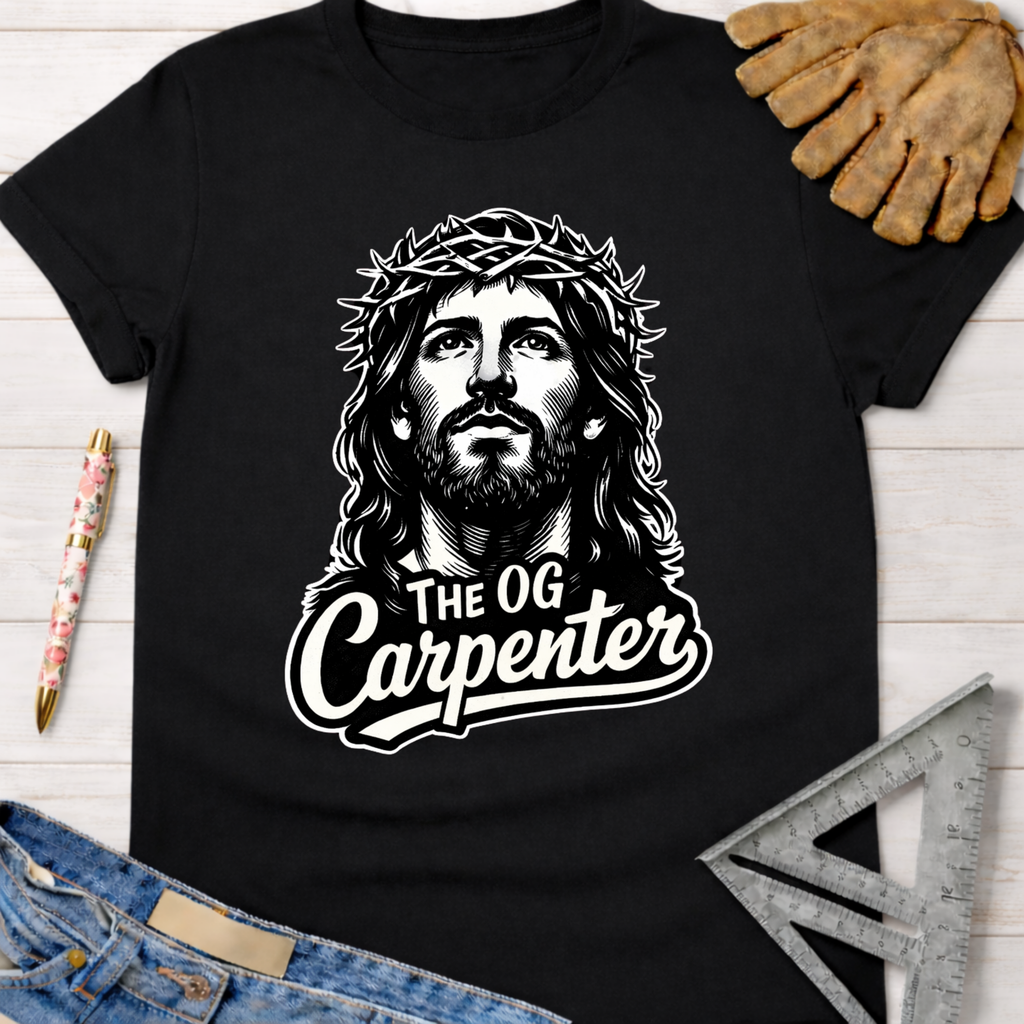 Black cotton tee with "Jesus The OG Carpenter" graphic, crown of thorns, for female woodworkers — Sawdust & Ponytails.