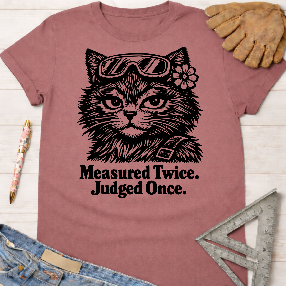 Mauve Judgy Gato t-shirt with a cat wearing goggles and flower, "Measured Twice. Judged Once." text. Women's funny woodworking graphic tee shirt for female woodworkers, makers, and DIY builders — Sawdust & Ponytails