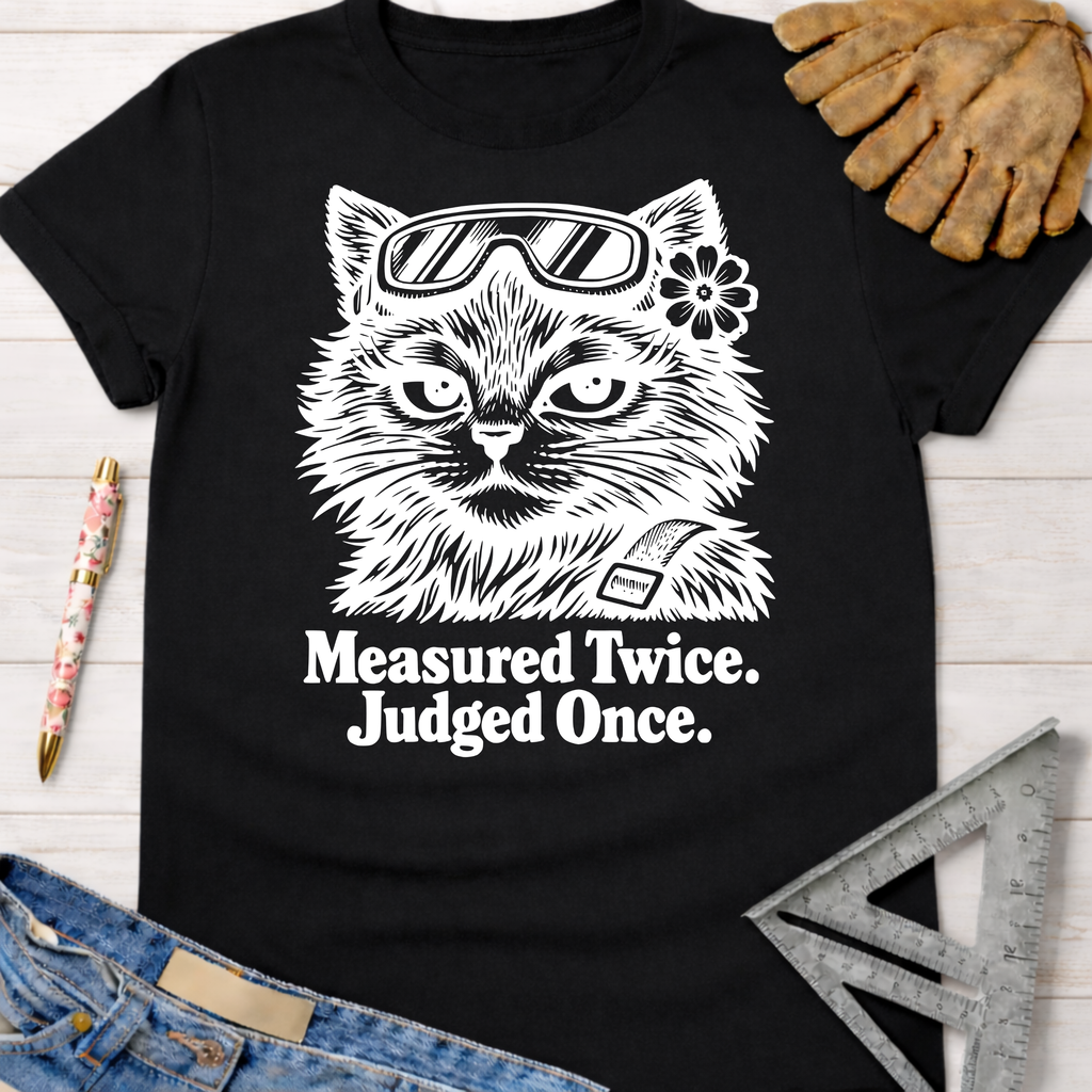 Women's funny woodworking graphic tee shirt for female woodworkers, makers, and DIY builders — Sawdust & Ponytails. Black cotton tee with white "Measured Twice. Judged Once." text and a cat wearing safety glasses.