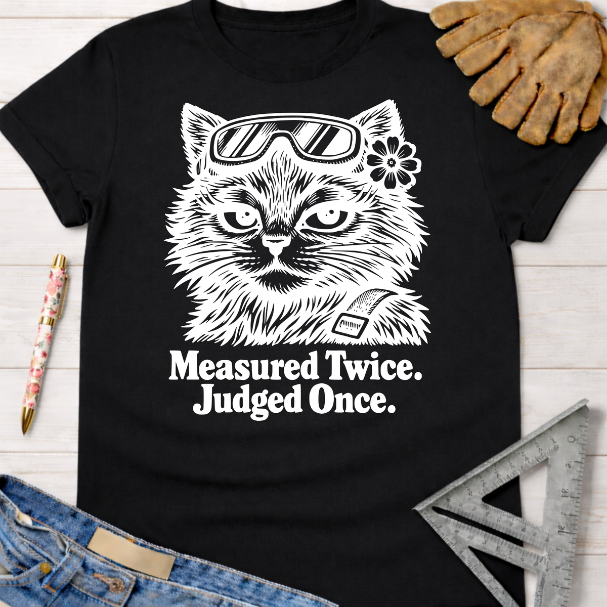 Women's funny woodworking graphic tee shirt for female woodworkers, makers, and DIY builders — Sawdust & Ponytails. Black cotton tee with white "Measured Twice. Judged Once." text and a cat wearing safety glasses.
