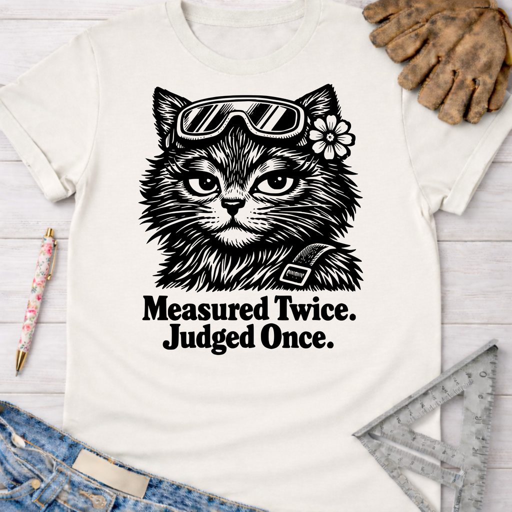 Women's funny woodworking graphic tee shirt for female woodworkers, makers, and DIY builders — Sawdust & Ponytails. Cream t-shirt with a black graphic of a cat wearing safety goggles and a flower, with "Measured Twice. Judged Once." text.