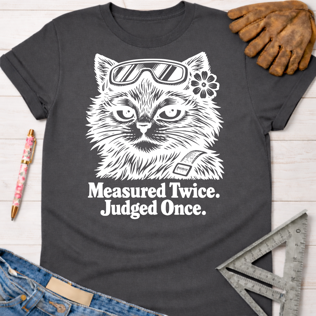 Women's funny woodworking graphic tee shirt for female woodworkers, makers, and DIY builders — Sawdust & Ponytails. Dark gray tee with white "Judgy Gato" cat wearing safety glasses and flower, text "Measured Twice. Judged Once.