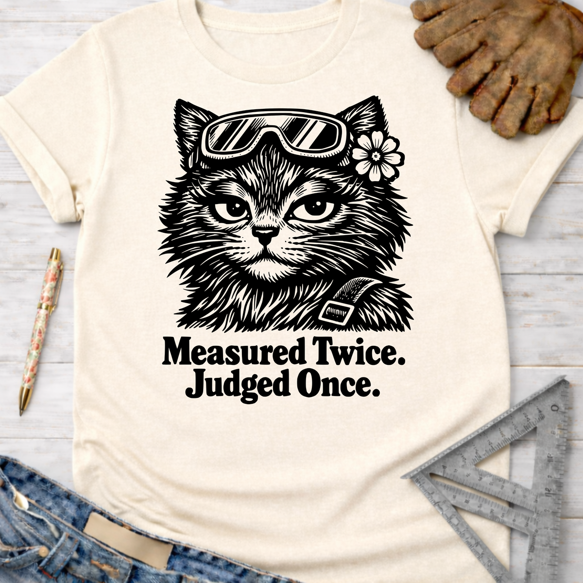 Women's funny woodworking graphic tee shirt for female woodworkers, makers, and DIY builders — Sawdust & Ponytails. Cream t-shirt with a black graphic of a cat wearing goggles and a flower, with the text "Measured Twice. Judged Once.