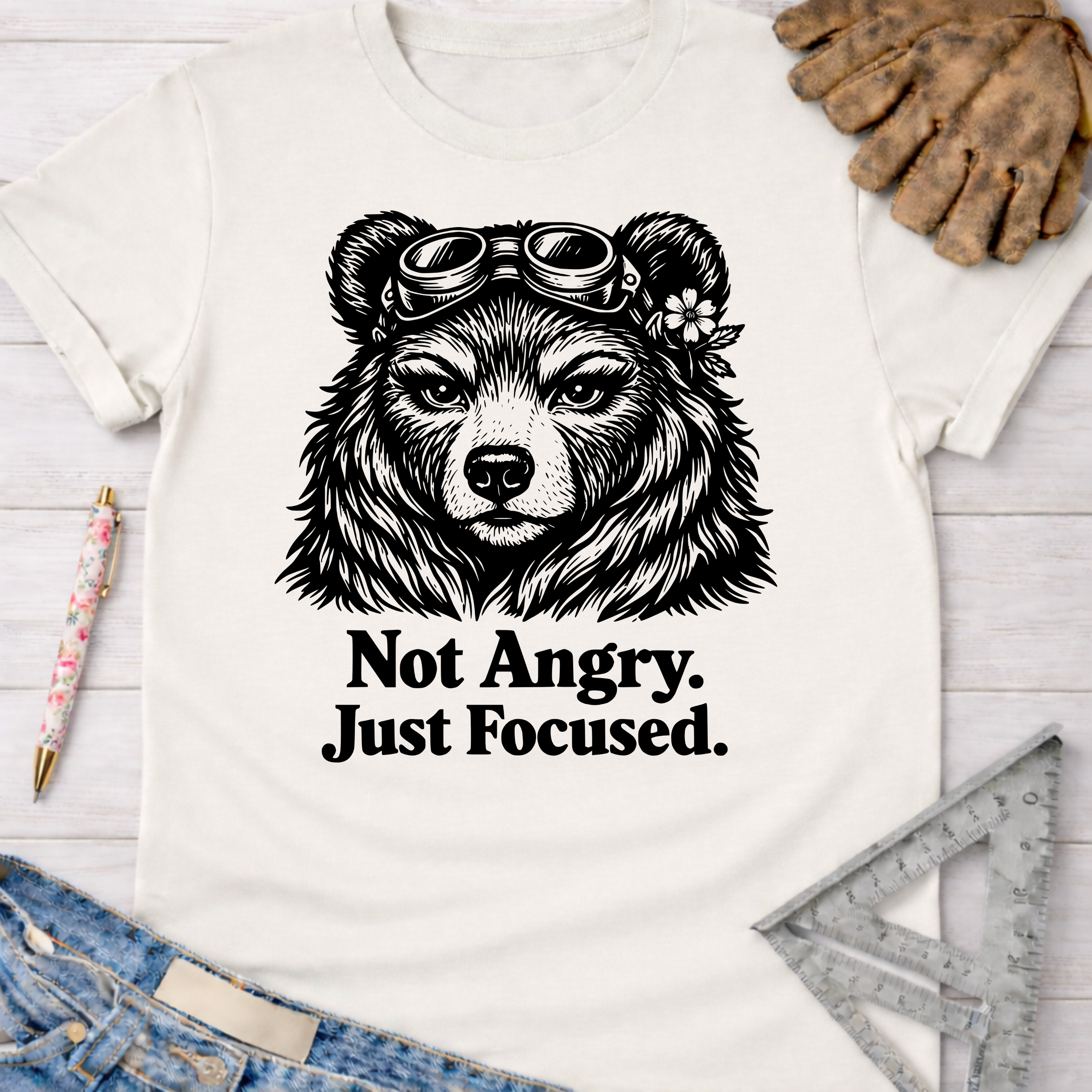 Women's funny woodworking graphic tee shirt for female woodworkers, makers, and DIY builders — Sawdust & Ponytails. White cotton tee with a black graphic of a bear wearing goggles and a flower, with the text "Not Angry. Just Focused.