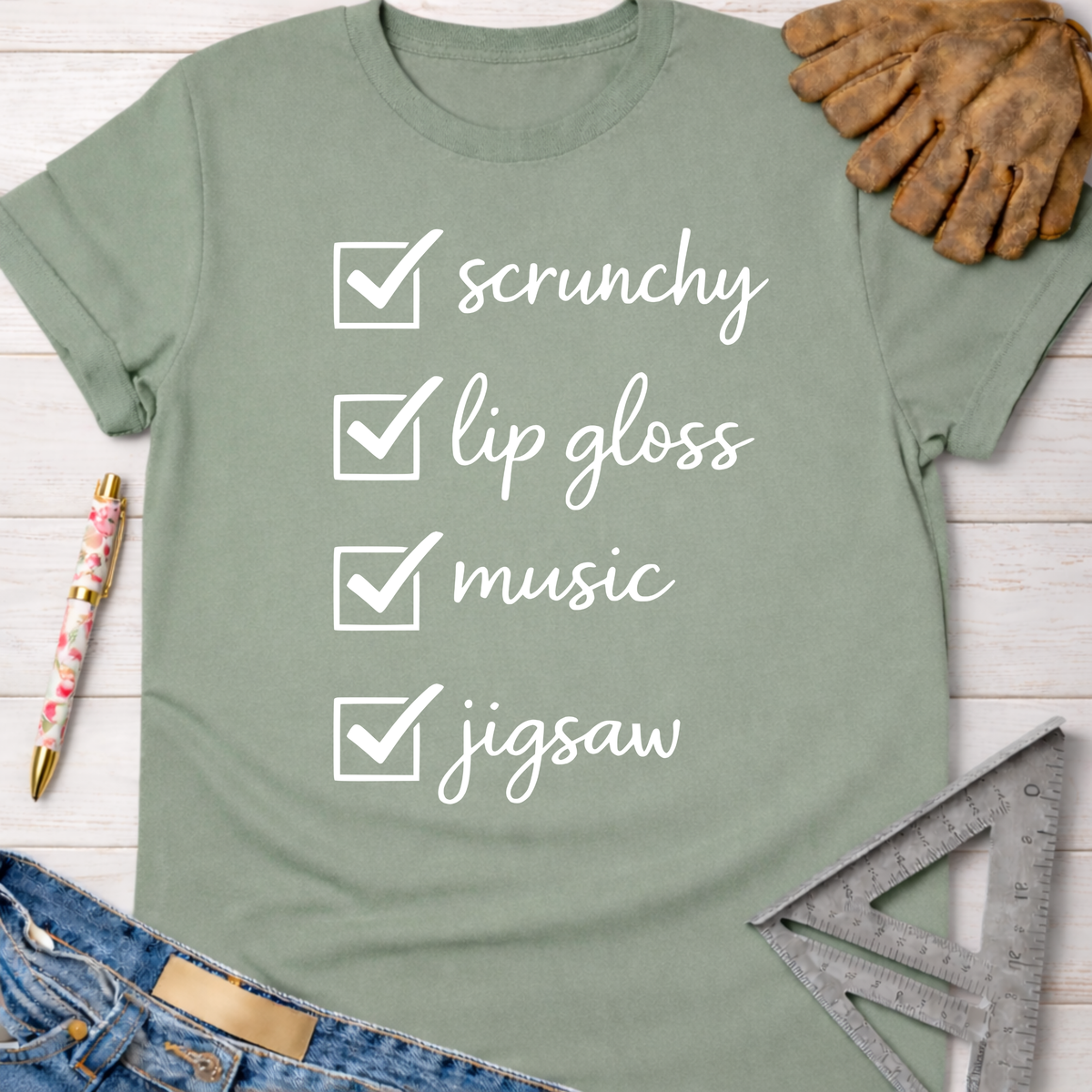 Sage green women's funny woodworking graphic tee shirt for female woodworkers, makers, and DIY builders — Sawdust & Ponytails.