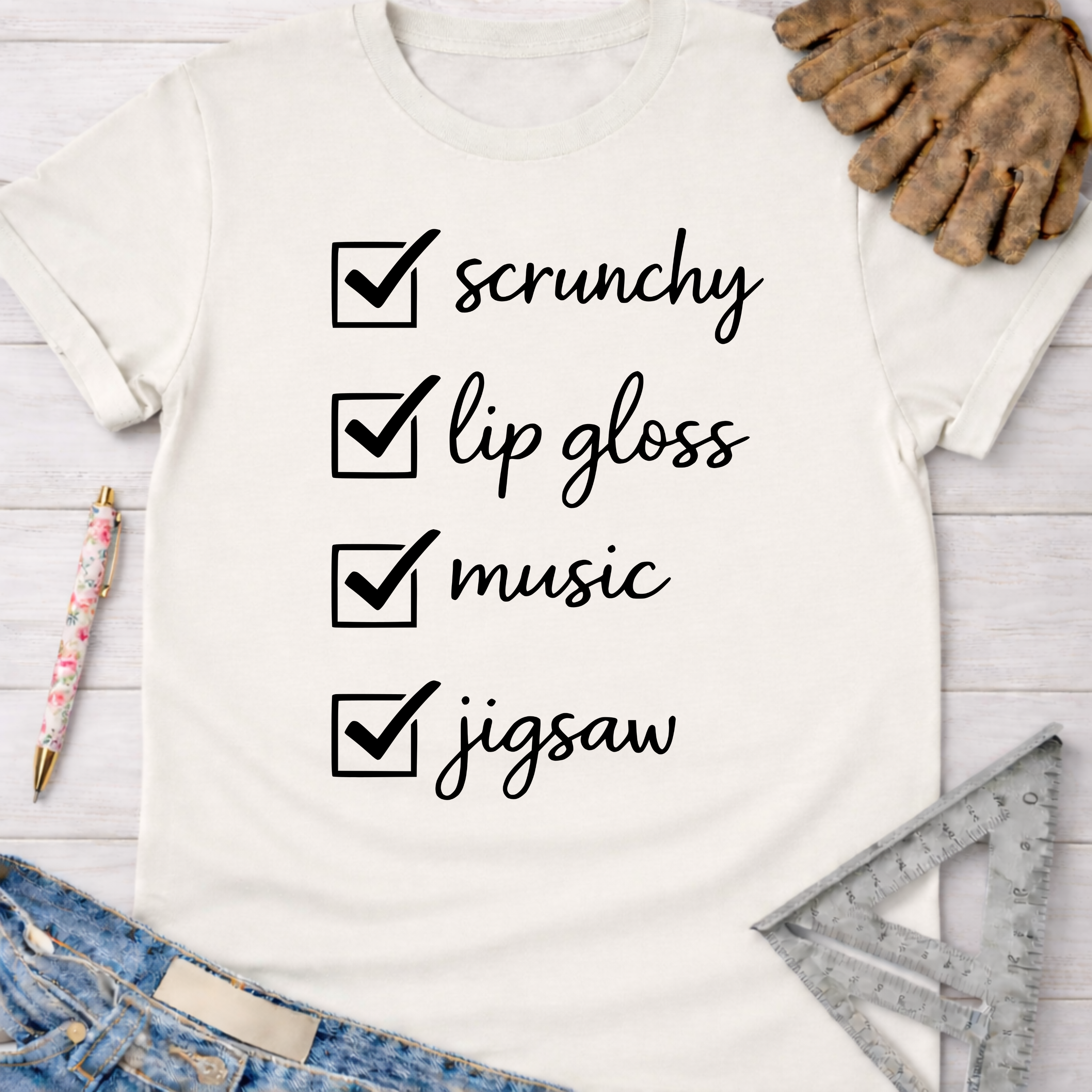 Women's funny woodworking graphic tee shirt for female woodworkers, makers, and DIY builders — Sawdust & Ponytails.