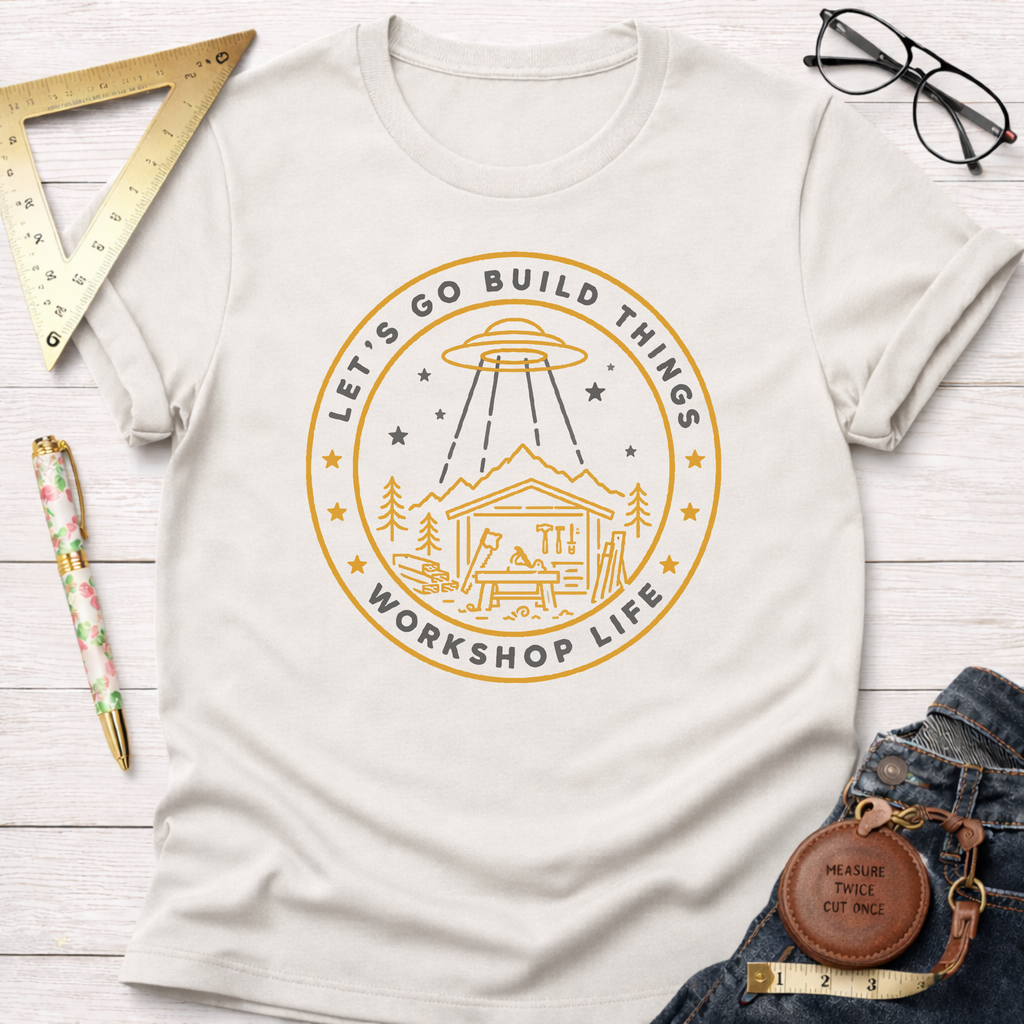 Cream t-shirt with "Let's Go Build Things Workshop Life" graphic featuring a UFO, workshop, and tools.