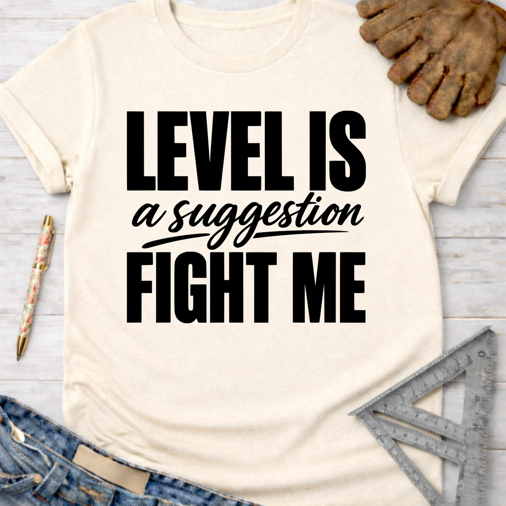 Cream t-shirt with "LEVEL IS a suggestion FIGHT ME" in black text, styled with jeans, work gloves, and tools. Women's funny woodworking graphic tee shirt for female woodworkers, makers, and DIY builders — Sawdust & Ponytails.