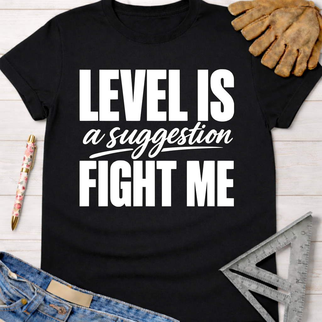 Black women's funny woodworking graphic tee shirt with "Level Is A Suggestion FIGHT ME" in white text, for female woodworkers, makers, and DIY builders — Sawdust & Ponytails