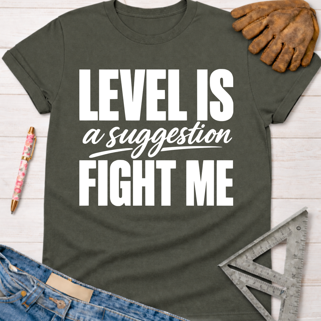 Women's funny woodworking graphic tee shirt for female woodworkers, makers, and DIY builders — Sawdust & Ponytails. Dark gray cotton t-shirt with "LEVEL IS a suggestion FIGHT ME" in white text.