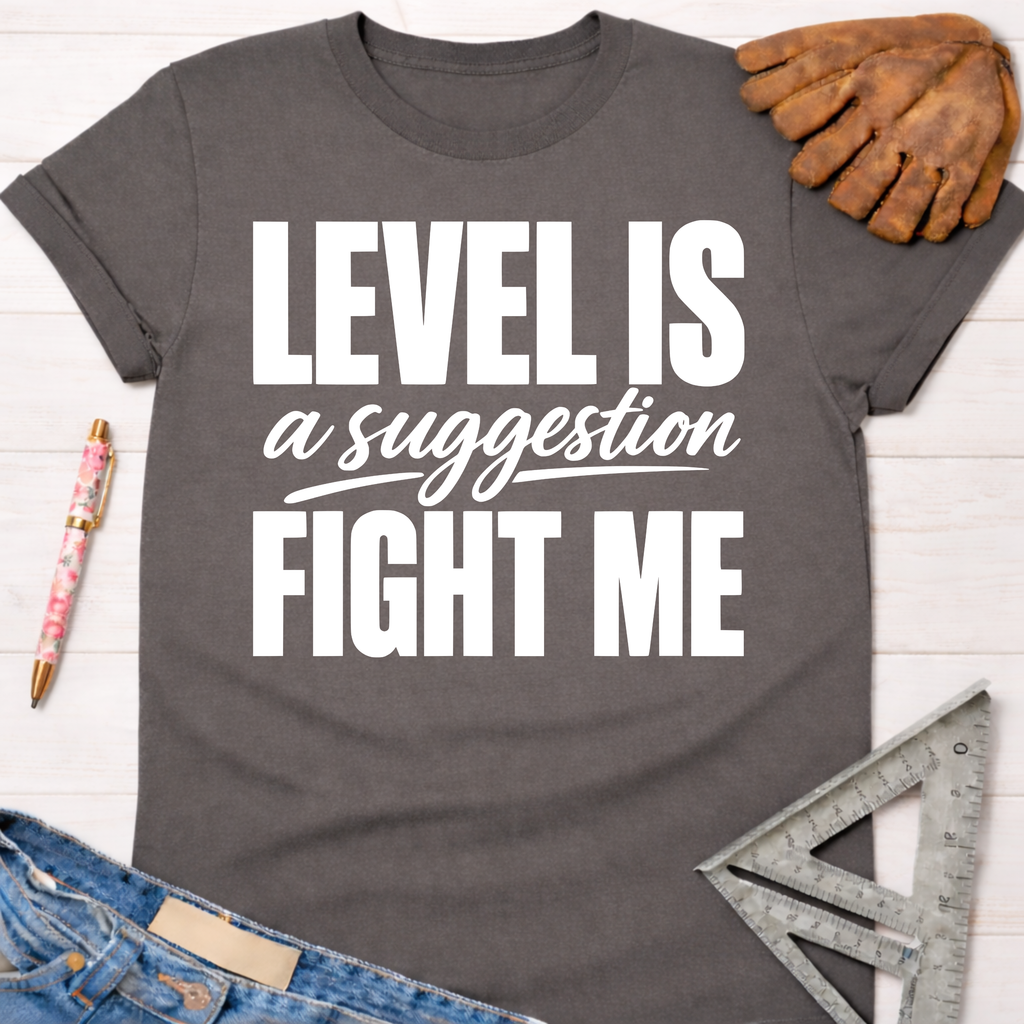 Charcoal gray t-shirt with "LEVEL IS a suggestion FIGHT ME" in white text, next to a work glove and ruler. Women's funny woodworking graphic tee shirt for female woodworkers, makers, and DIY builders — Sawdust & Ponytails