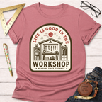 Women's funny woodworking graphic tee shirt for female woodworkers, makers, and DIY builders — Sawdust & Ponytails.