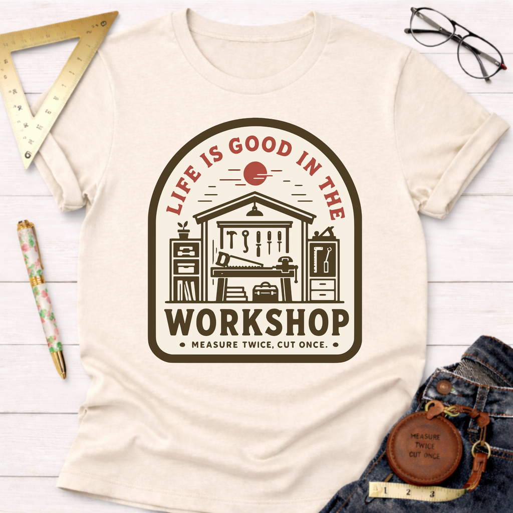 Women's funny woodworking graphic tee shirt for female woodworkers, makers, and DIY builders — Sawdust & Ponytails. Cream cotton tee with a brown and red "Life Is Good In The Workshop" graphic featuring tools and a workbench.