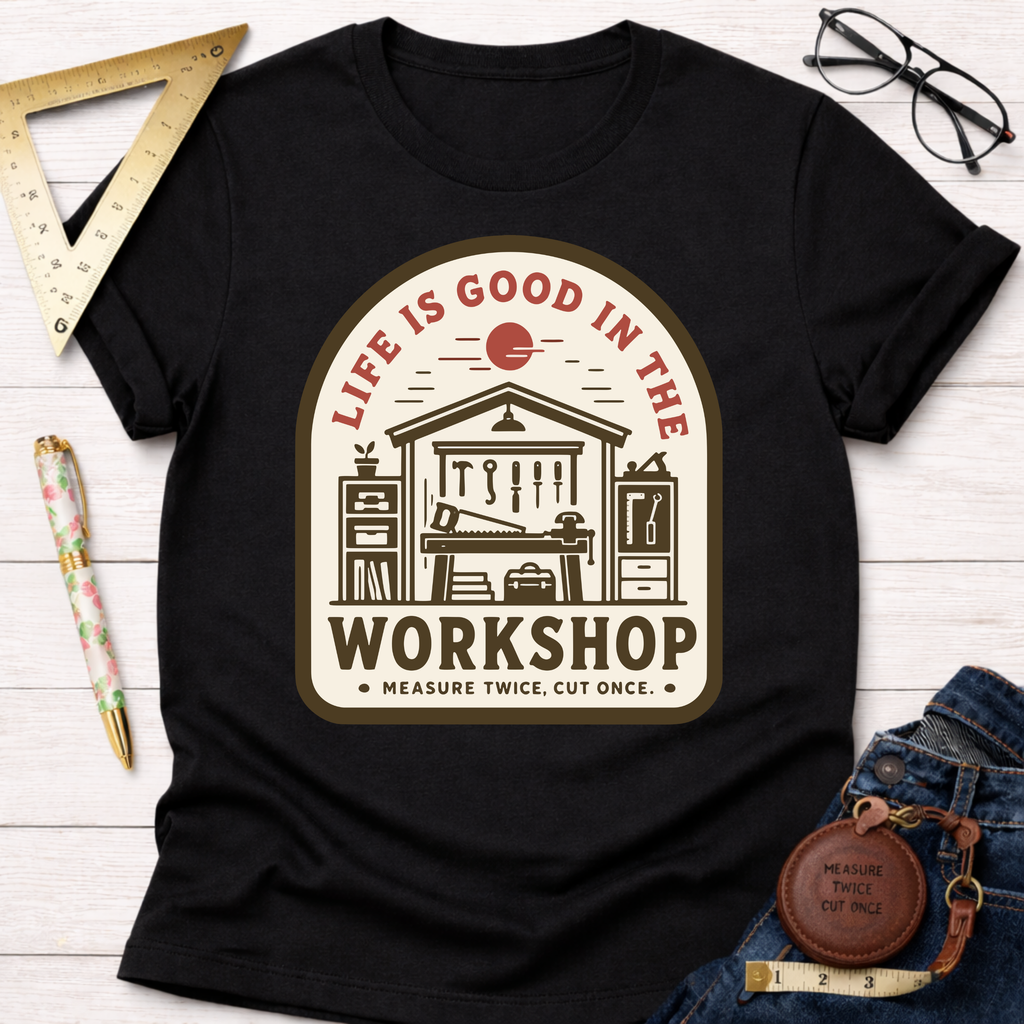 Black cotton tee with "Life Is Good In The Workshop" graphic, tools, and "Measure Twice, Cut Once." Women's funny woodworking graphic tee shirt for female woodworkers, makers, and DIY builders — Sawdust & Ponytails.