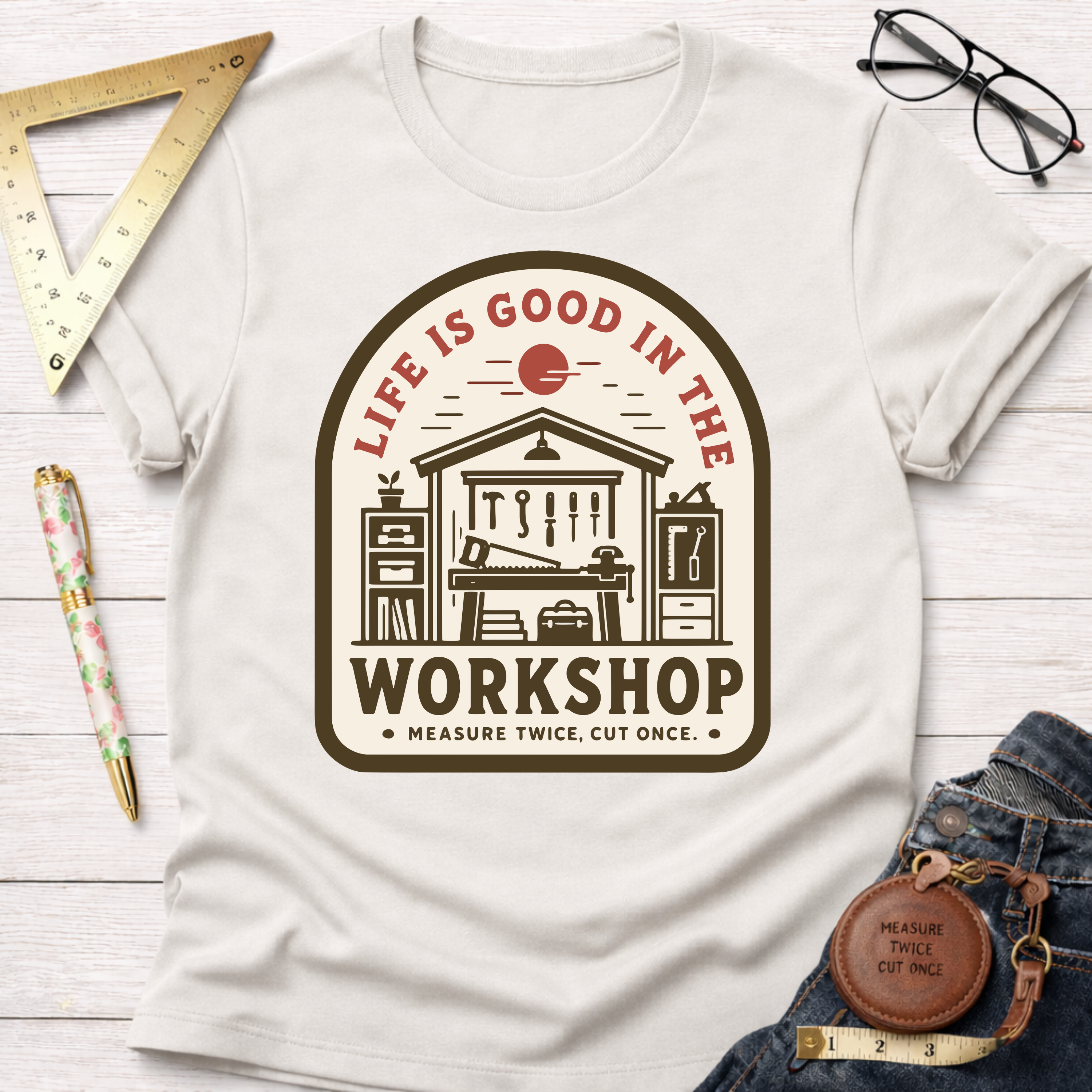 Women's funny woodworking graphic tee shirt for female woodworkers, makers, and DIY builders — Sawdust & Ponytails. Cream cotton tee with "Life Is Good In The Workshop" graphic.