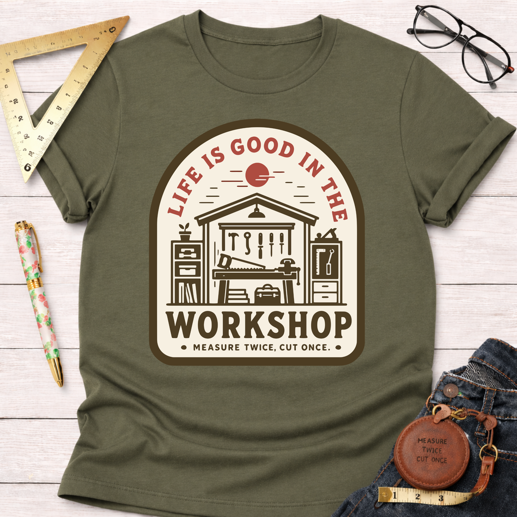 Women's funny woodworking graphic tee shirt for female woodworkers, makers, and DIY builders — Sawdust & Ponytails. Olive green cotton tee with "Life Is Good In The Workshop" graphic.