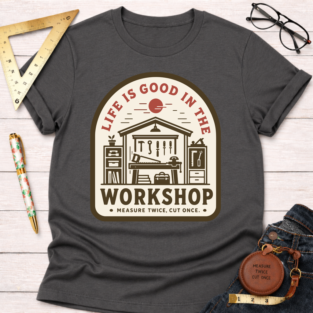 Dark gray women's funny woodworking graphic tee shirt for female woodworkers, makers, and DIY builders — Sawdust & Ponytails.