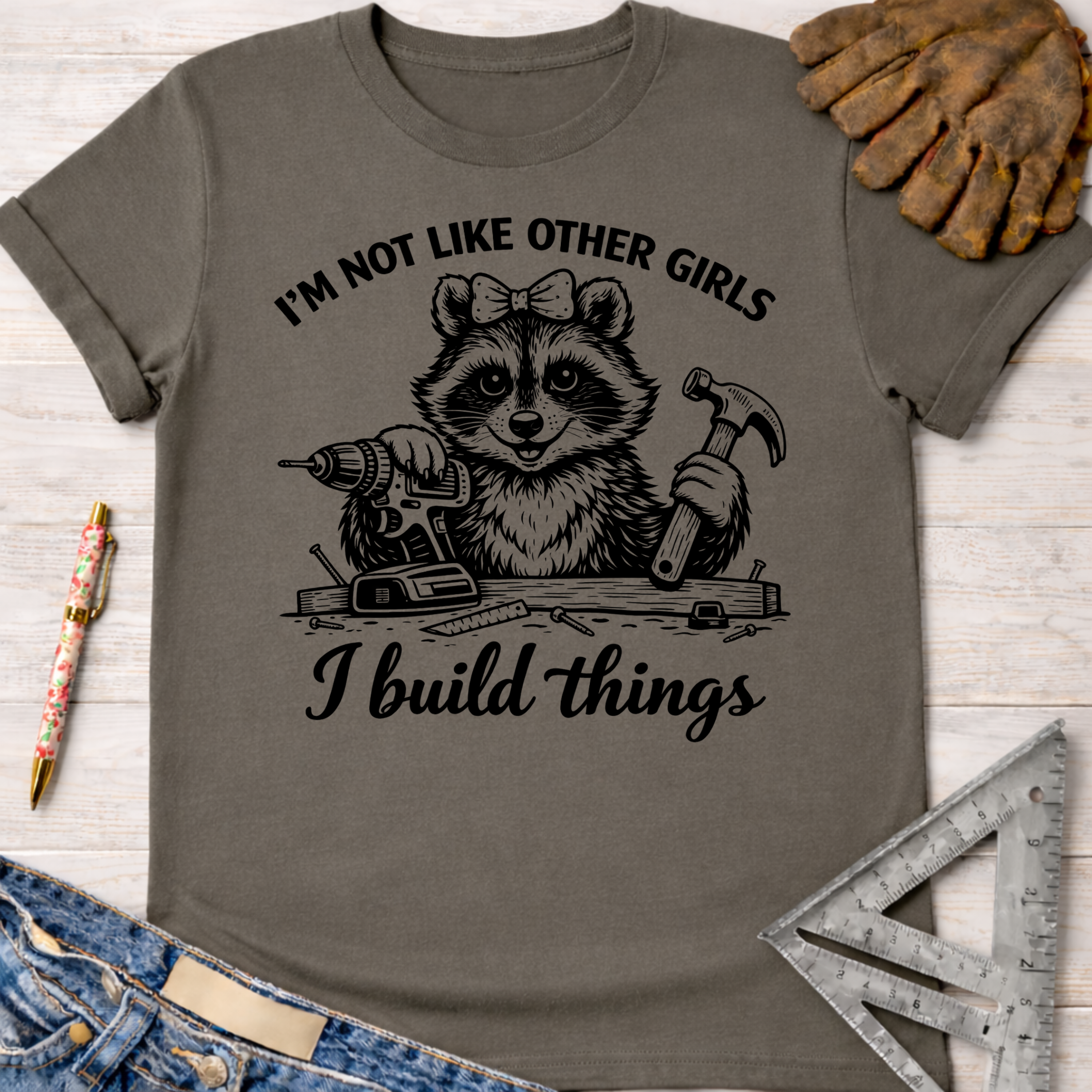 Women's funny woodworking graphic tee shirt for female woodworkers, makers, and DIY builders — Sawdust & Ponytails. Charcoal gray cotton tee with a raccoon holding a drill and hammer, text "I'm not like other girls, I build things.