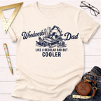 Cream t-shirt with "Woodworker Dad Like a Regular Dad But Cooler" graphic and woodworking tools.