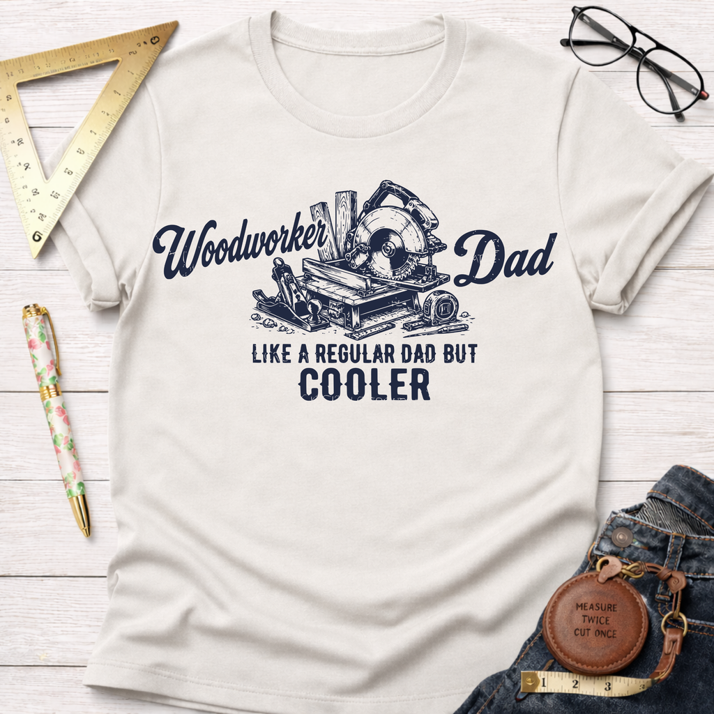 Cream cotton "Woodworker Dad Like a Regular Dad But Cooler" t-shirt with a circular saw graphic.