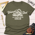 Olive green cotton t-shirt with "Woodworker Dad Like a Regular Dad But Cooler" text and tools graphic.