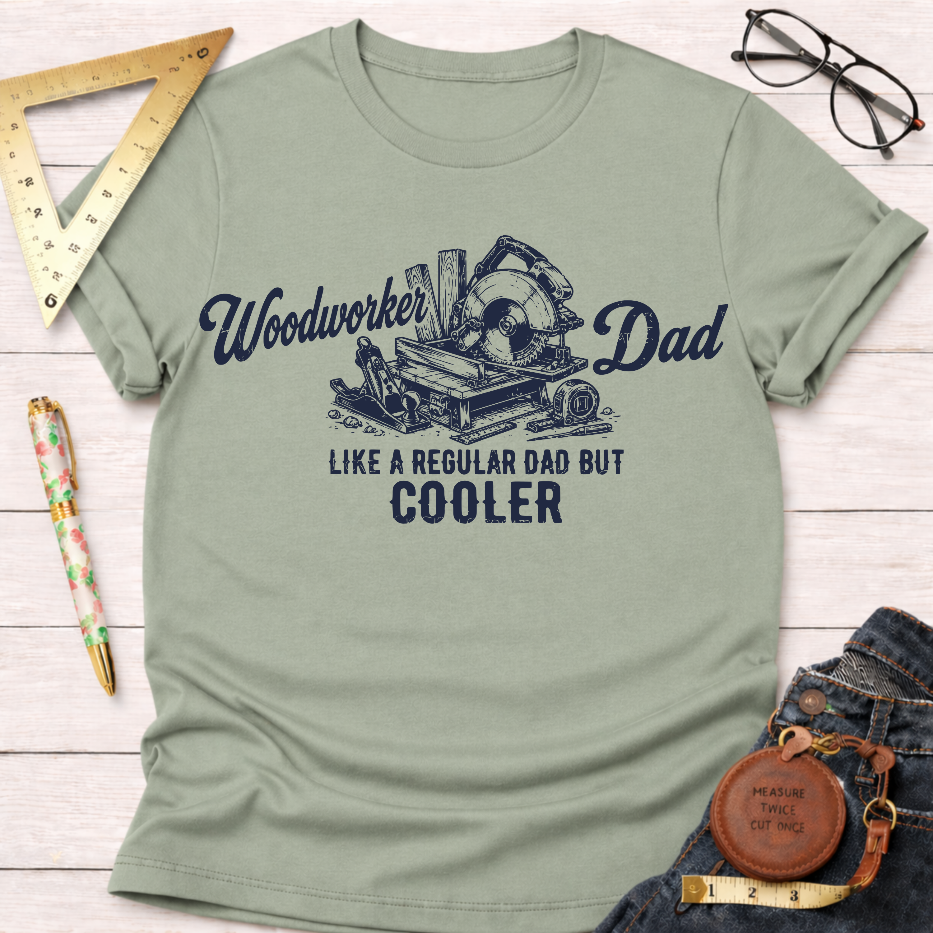 Sage green cotton t-shirt with "Woodworker Dad Like a Regular Dad But Cooler" text and tools graphic.