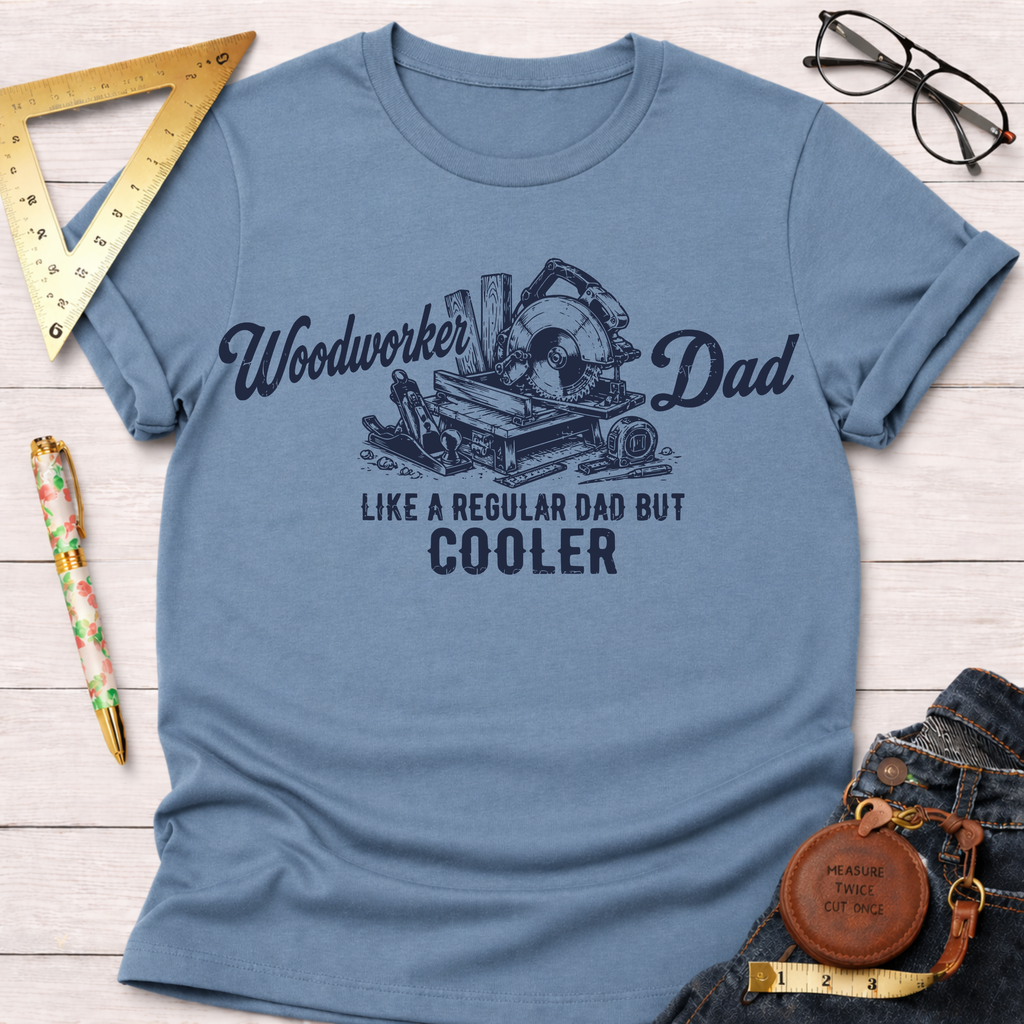 Blue cotton "Woodworker Dad Like a Regular Dad But Cooler" t-shirt with woodworking tools graphic.