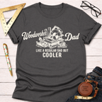 Dark gray cotton t-shirt with "Woodworker Dad Like a Regular Dad But Cooler" text and tools graphic.
