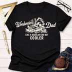 Black cotton "Woodworker Dad Like a Regular Dad But Cooler" t-shirt with woodworking tools graphic.