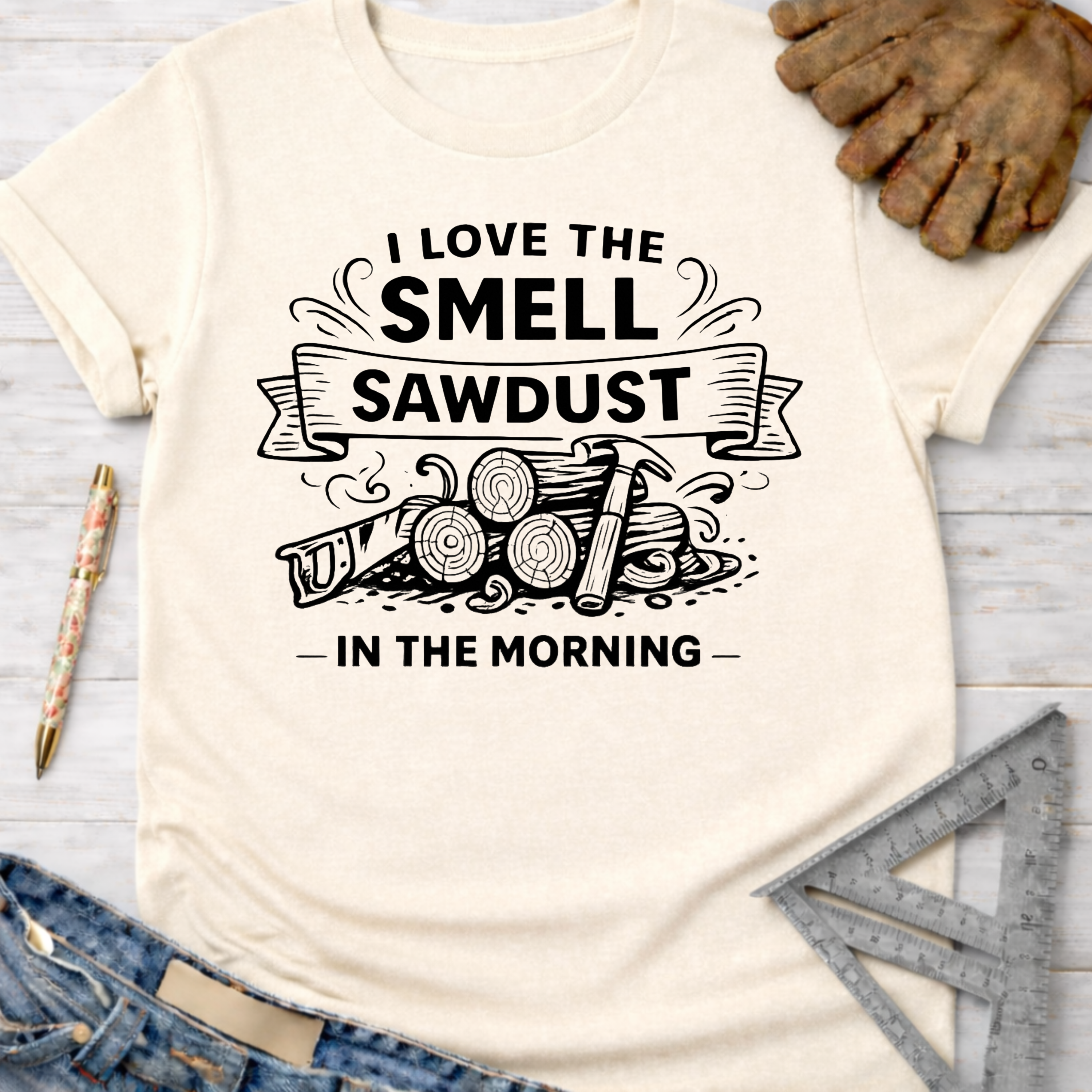 Women's funny woodworking graphic tee shirt for female woodworkers, makers, and DIY builders — Sawdust & Ponytails.