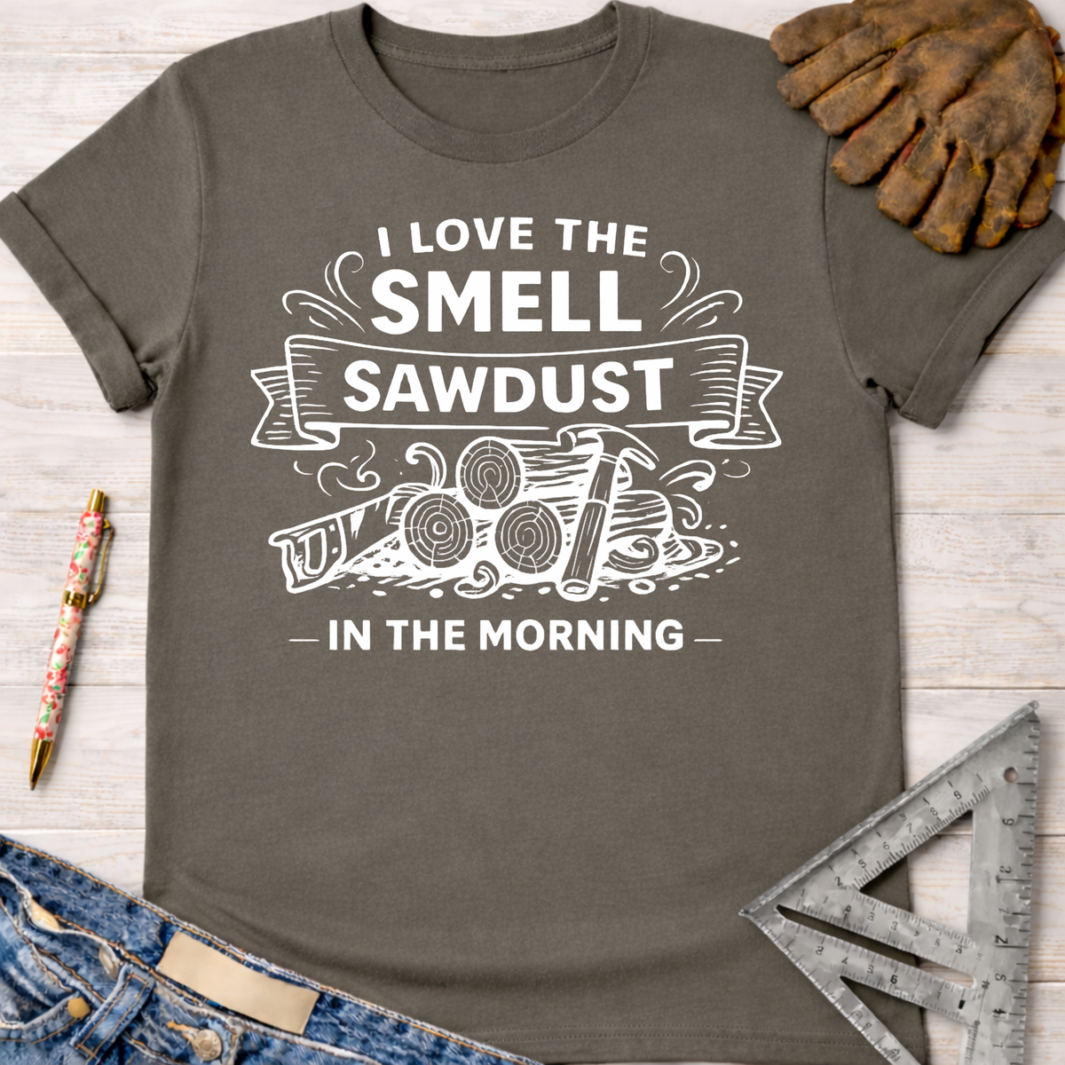 Women's funny woodworking graphic tee shirt for female woodworkers, makers, and DIY builders — Sawdust & Ponytails. Dark gray t-shirt with "I LOVE THE SMELL OF SAWDUST IN THE MORNING" text and wood tools graphic.