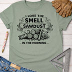 Women's funny woodworking graphic tee shirt for female woodworkers, makers, and DIY builders — Sawdust & Ponytails.