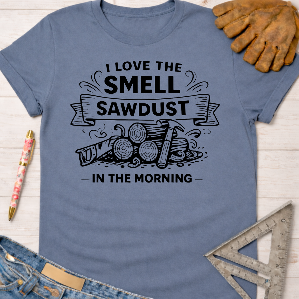 Women's funny woodworking graphic tee shirt for female woodworkers, makers, and DIY builders — Sawdust & Ponytails. Blue cotton t-shirt with "I Love The Smell of Sawdust In The Morning" graphic.