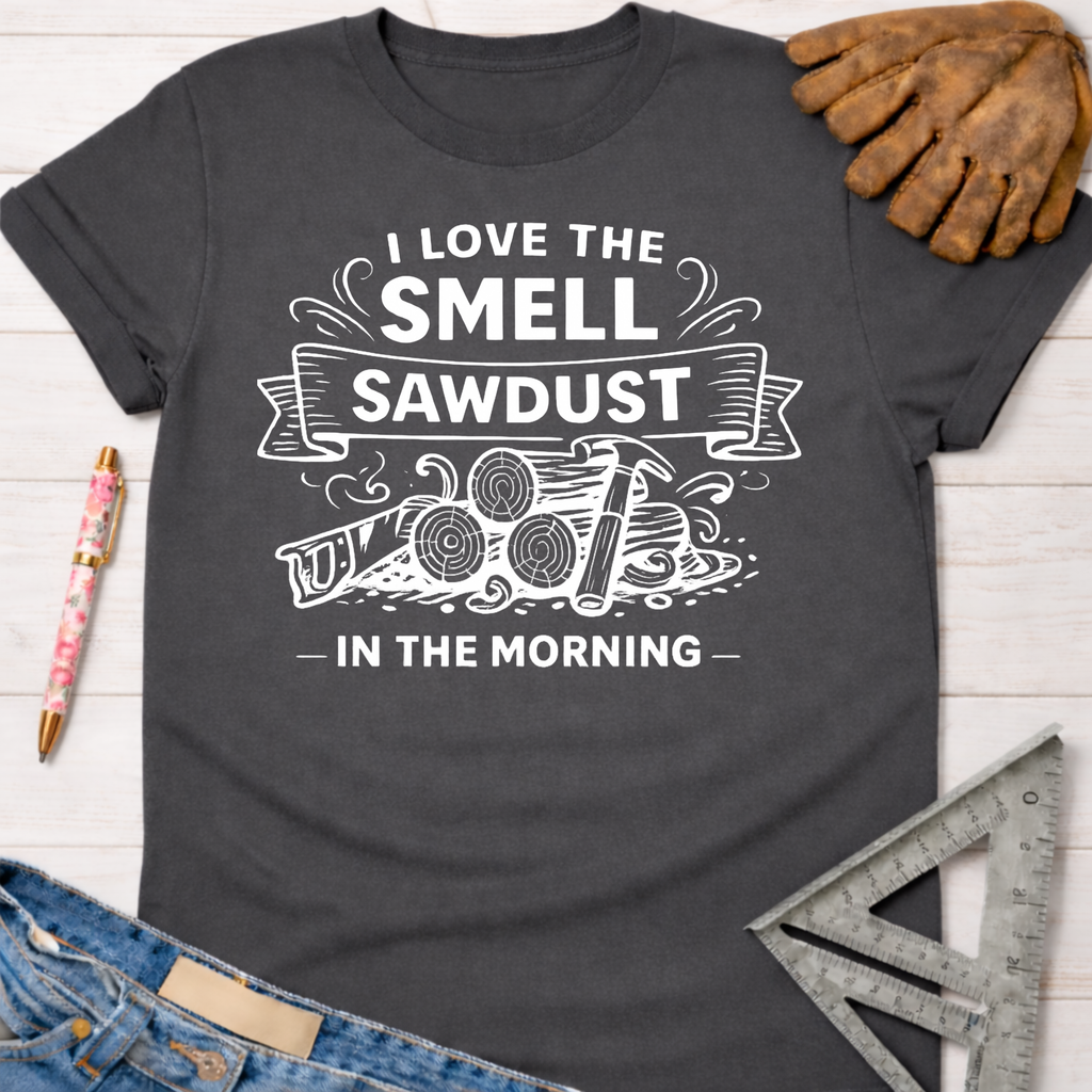 Women's funny woodworking graphic tee shirt for female woodworkers, makers, and DIY builders — Sawdust & Ponytails. Dark gray cotton tee with "I Love The Smell of Sawdust In The Morning" graphic.