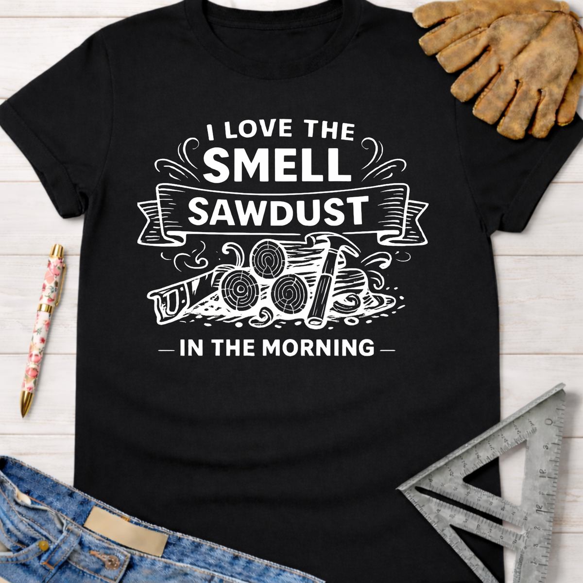 Women's funny woodworking graphic tee shirt for female woodworkers, makers, and DIY builders — Sawdust & Ponytails. Black cotton short-sleeve tee with white "I Love The Smell of Sawdust In The Morning" graphic.