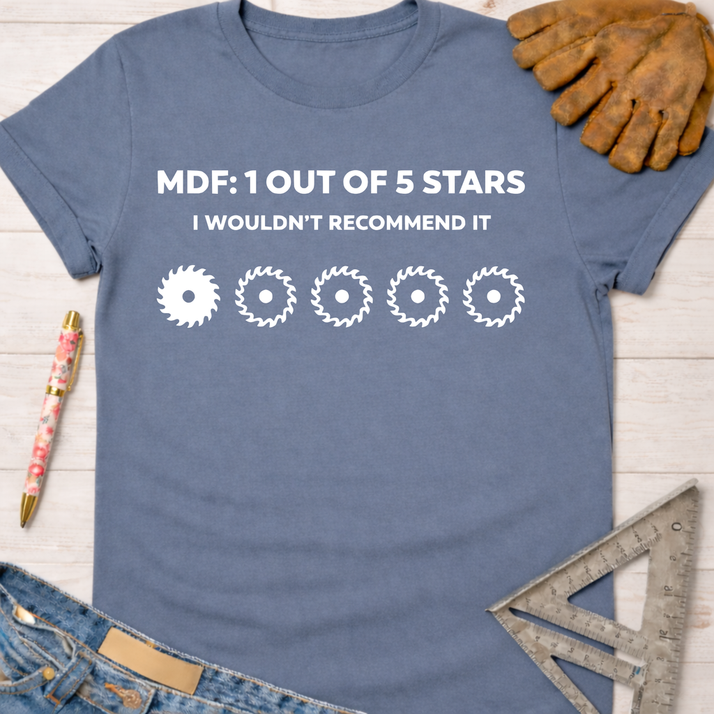 Women's funny woodworking graphic tee shirt for female woodworkers, makers, and DIY builders — Sawdust & Ponytails. Blue cotton t-shirt with "MDF: 1 OUT OF 5 STARS I WOULDN'T RECOMMEND IT" text and saw blade graphic.