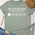Women's funny woodworking graphic tee shirt for female woodworkers, makers, and DIY builders — Sawdust & Ponytails. Sage green t-shirt with "MDF: 1 OUT OF 5 STARS I WOULDN'T RECOMMEND IT" and four saw blade graphics.