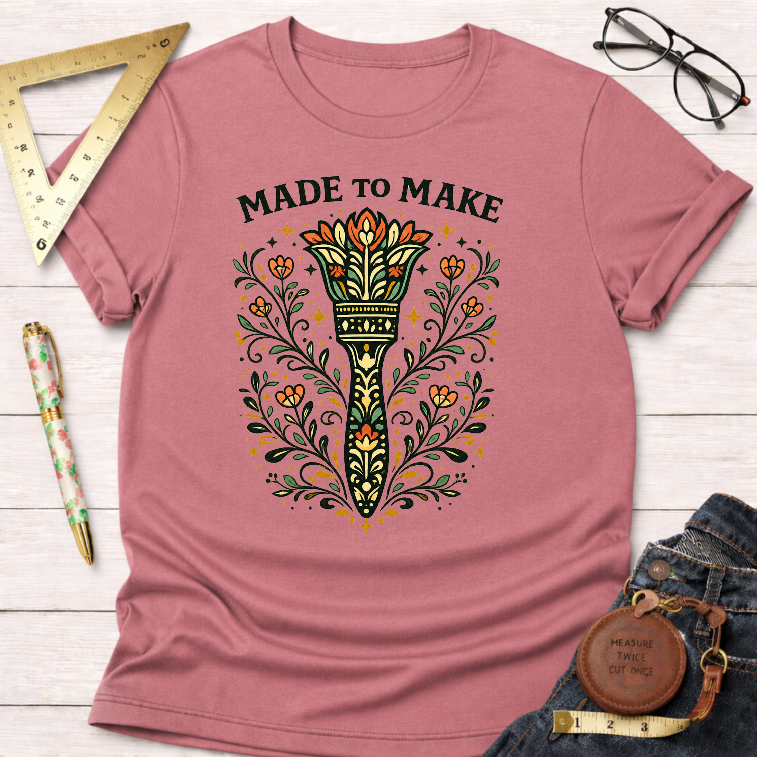Made To Make Paint Brush T-Shirt in dusty rose with a colorful floral paintbrush design.