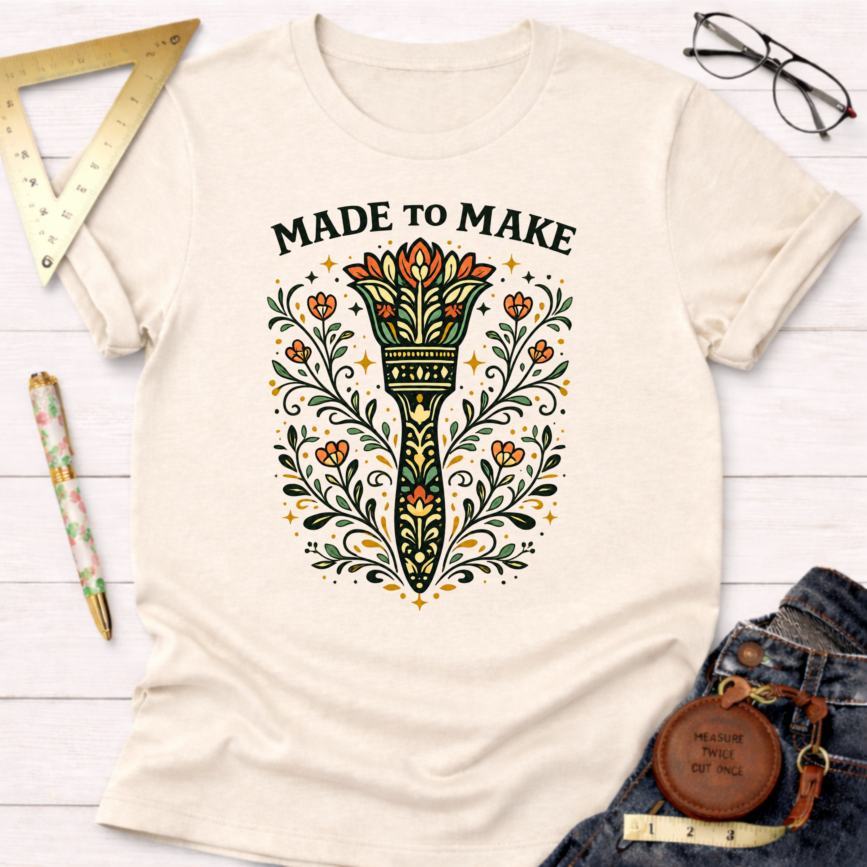 Cream cotton "Made To Make" t-shirt with a colorful, ornate paint brush and floral design.
